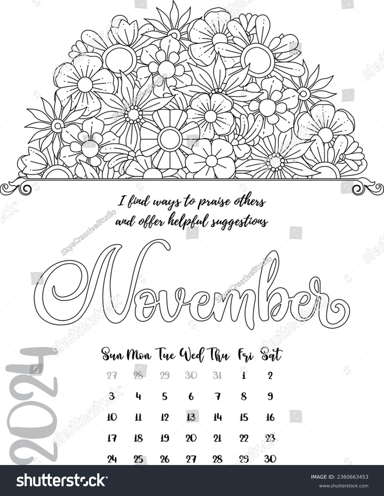 Mandala Affirmation Calendar Coloring Page November Stock Vector | 2024 Printable Coloring Calendars November