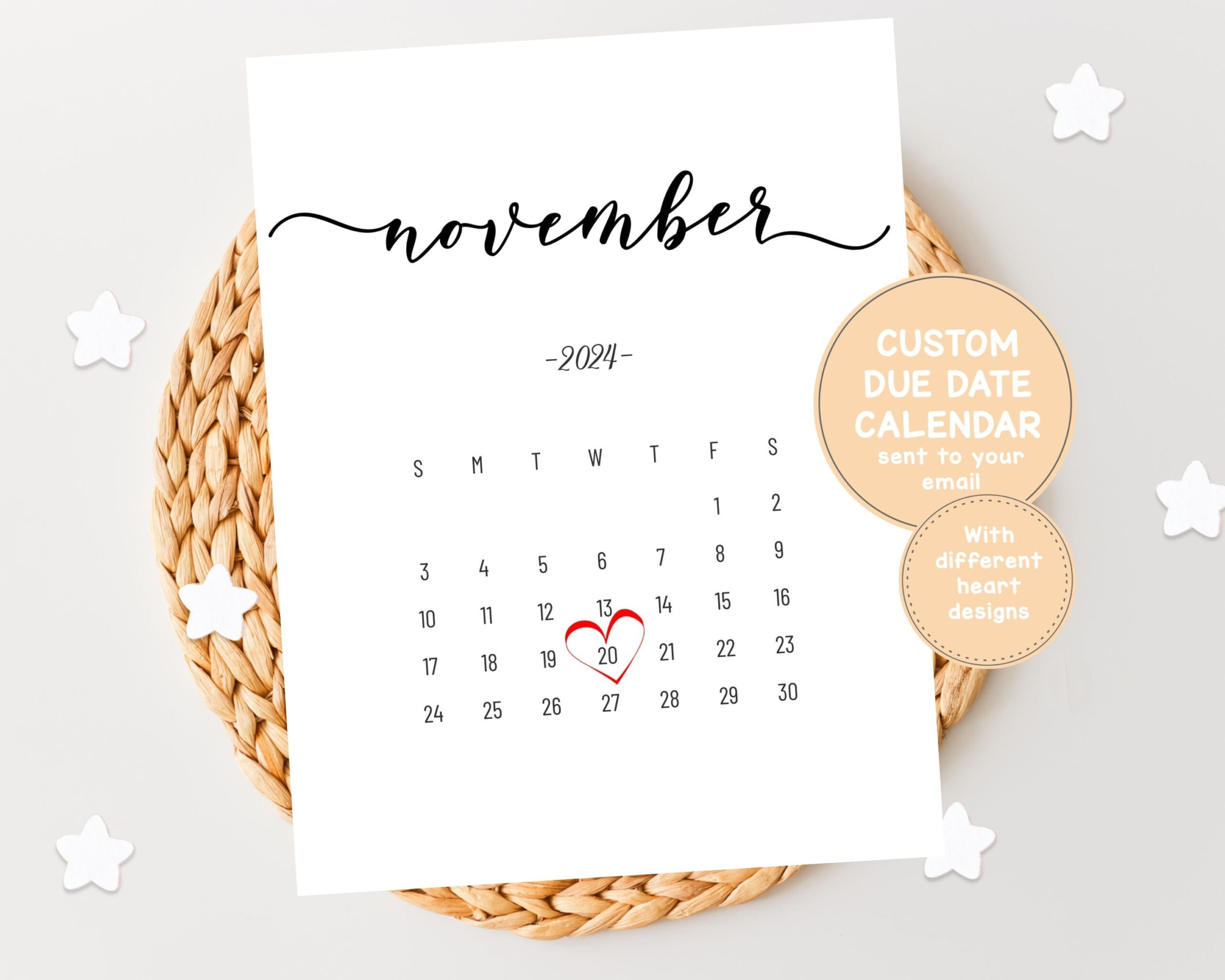 Nov 2024 Digital Custom Heart Due Date Pregnancy Announcement | Printable November 2024 Calendar Baby Announcement