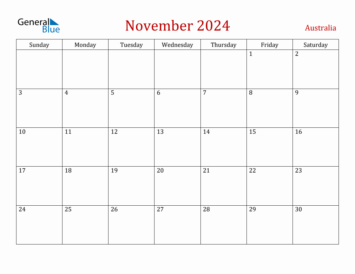 November 2024 Australia Monthly Calendar With Holidays | Printable November 2024 Calendar Australia