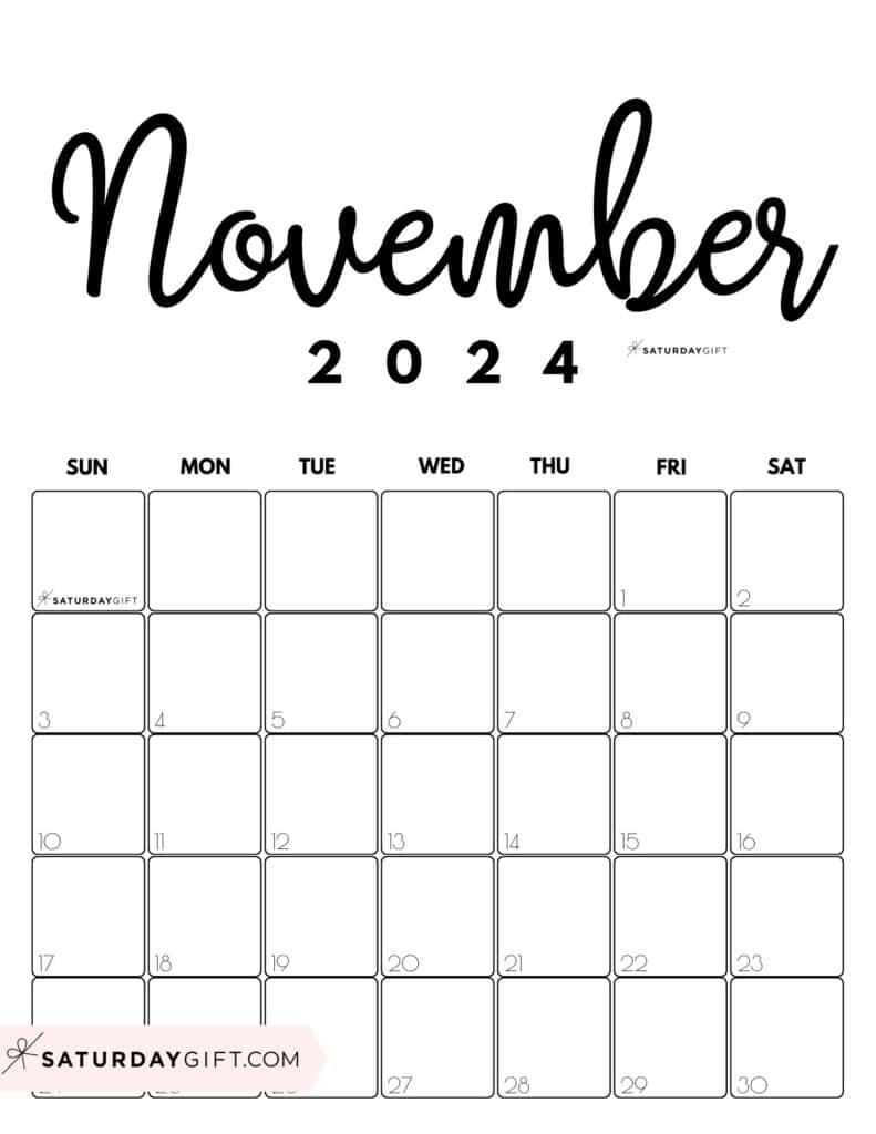 November 2024 Calendar - 20 Cute &amp;amp; Free Printables | Saturdaygift | 2024 Cute Printable Monthly Calendar November