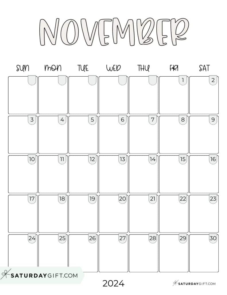 November 2024 Calendar - 20 Cute &amp;amp; Free Printables | Saturdaygift | 2024 Free Printable Calendar November