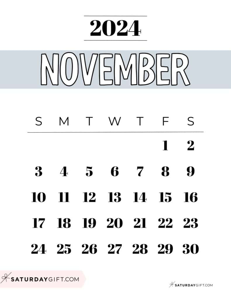 November 2024 Calendar - 20 Cute &amp;amp; Free Printables | Saturdaygift | Bullet Jurnal Printable Calendar November 2024