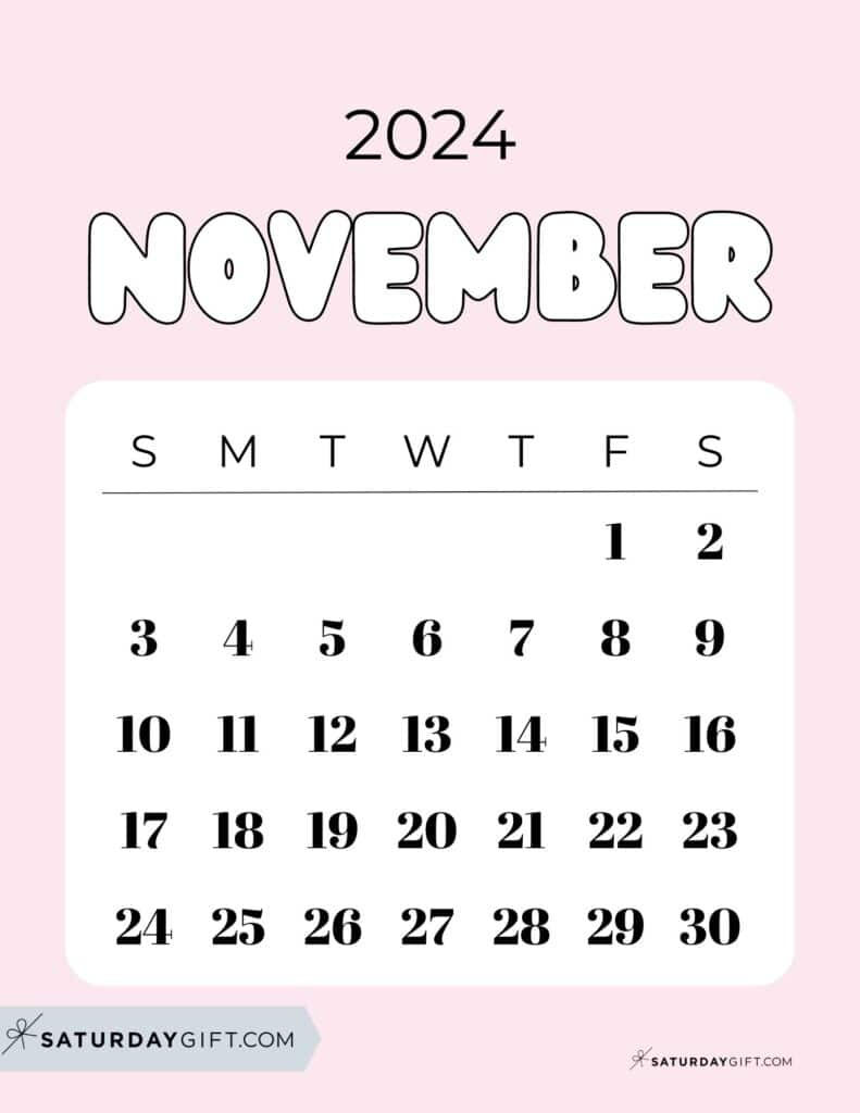 November 2024 Calendar - 20 Cute &amp;amp; Free Printables | Saturdaygift | Free Cute Printable Calendar November 2024