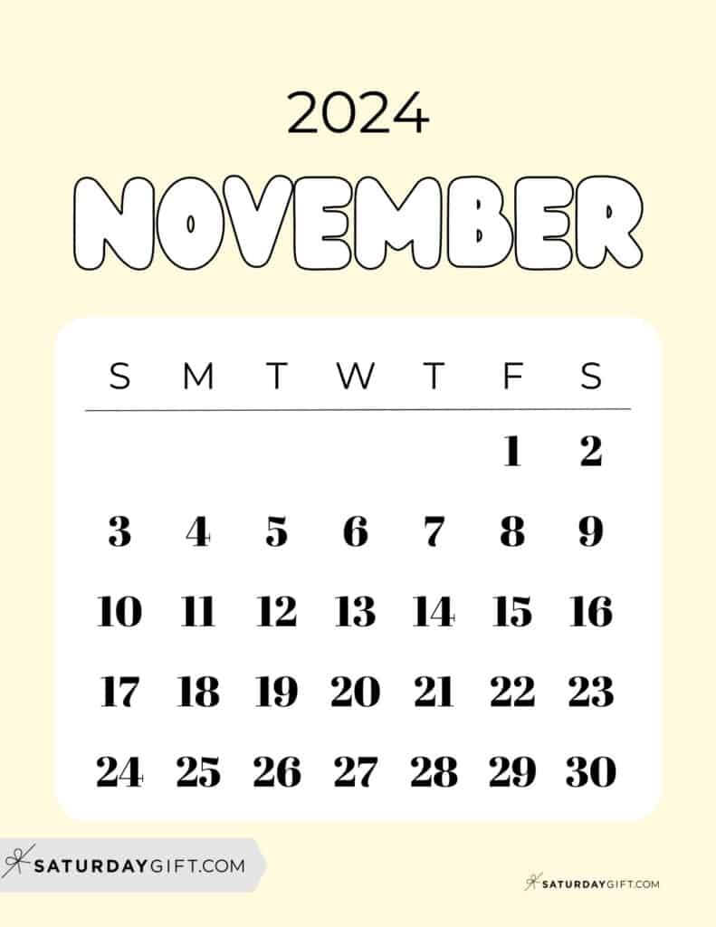 November 2024 Calendar - 20 Cute &amp;amp; Free Printables | Saturdaygift | Small Calendar 2024 Printable November