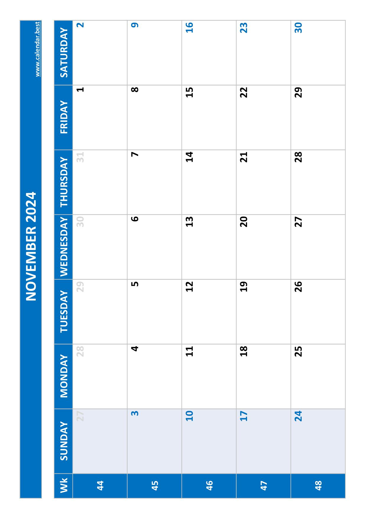 November 2024 Calendar -Calendar.best | November 2024 Calendar Numbers Printable