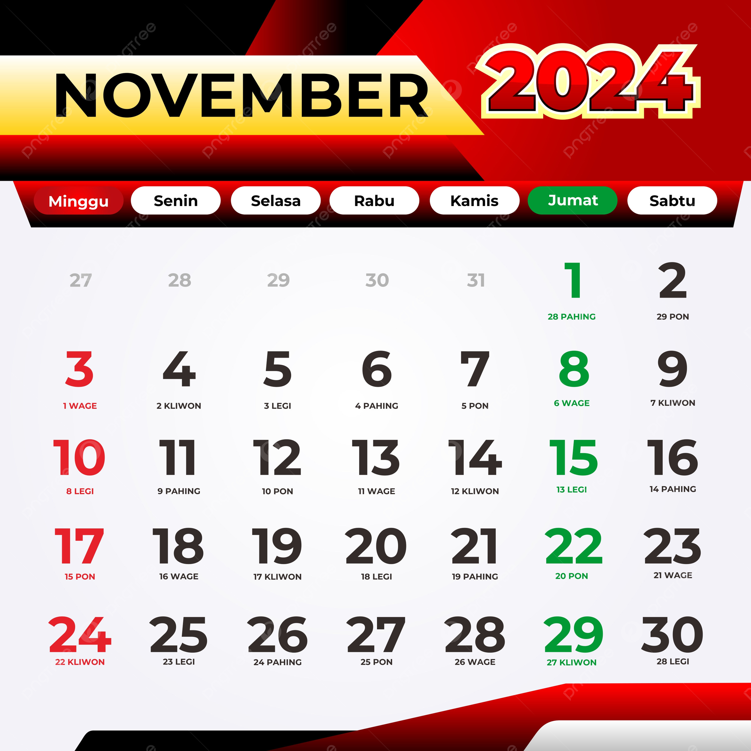 November 2024 Calendar Complete With Red Dates Vector Template | Printable Red Calendar November To December 2024