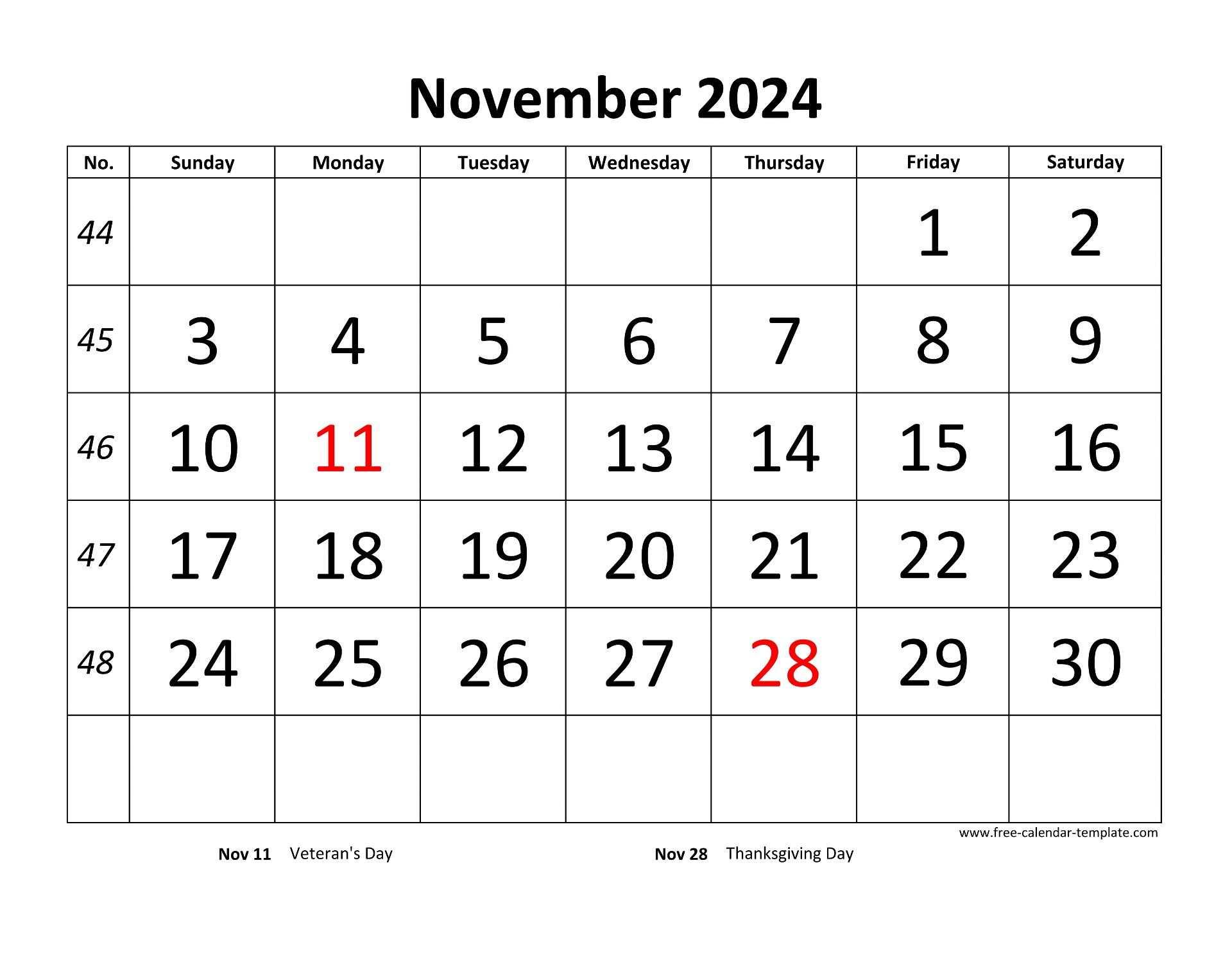 November 2024 Calendar Designed With Large Font (Horizontal | Printable November 2024 Calendar Horizontal