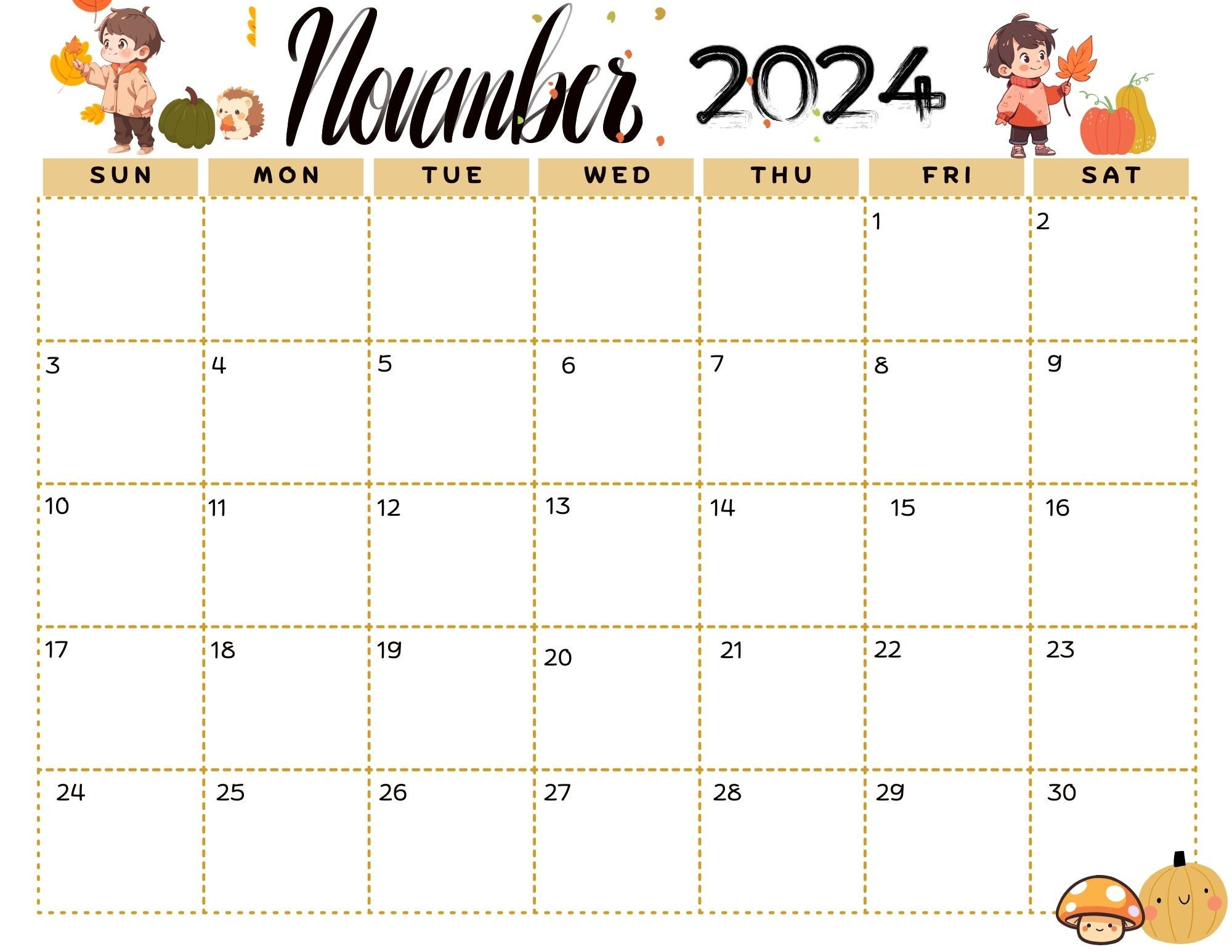 November 2024 Calendar Digital, Printable - Etsy | Calendar Matching Activity November 2024 Printable