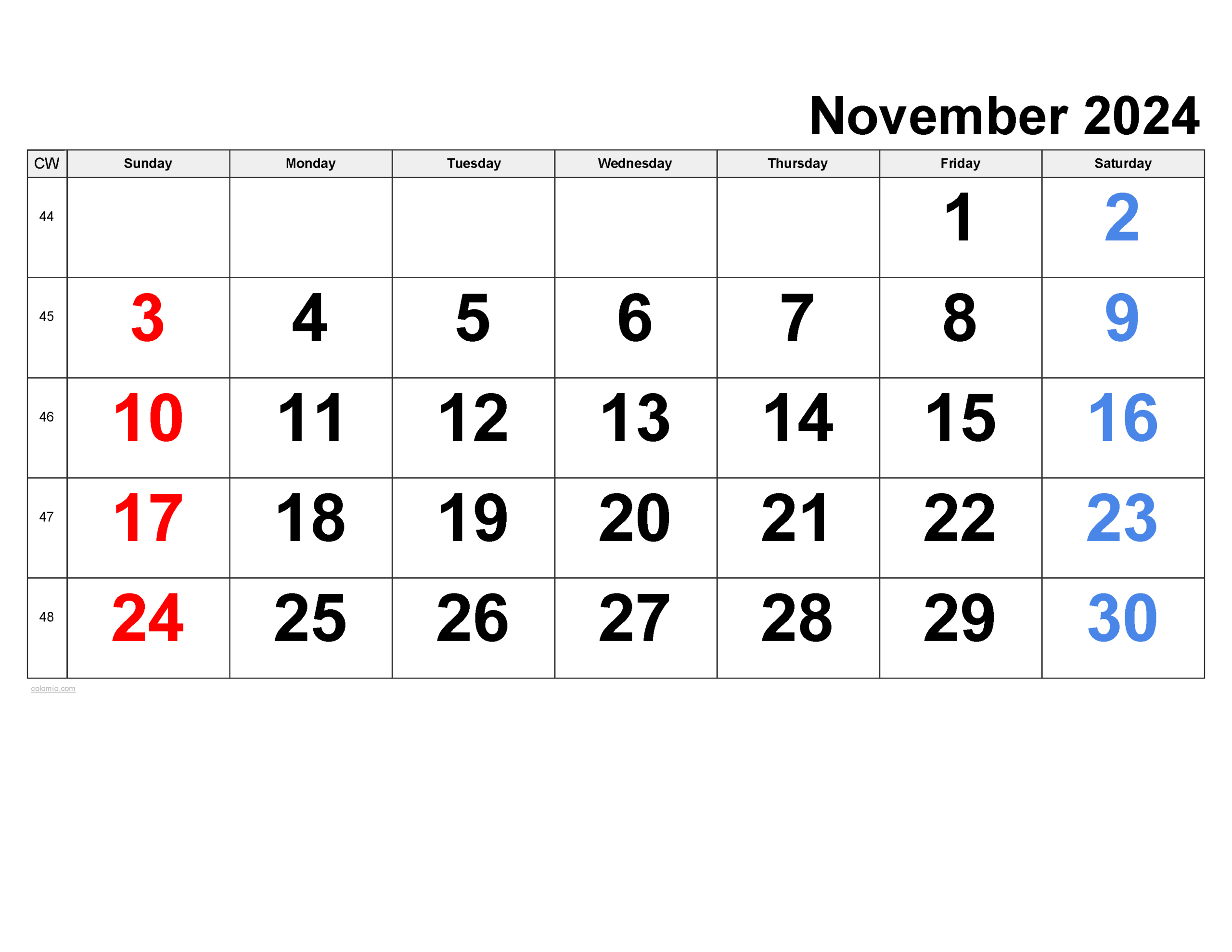 November 2024 Calendar | Free Printable Pdf, Xls And Png | Free Printable November 2024 Calendar Numbers