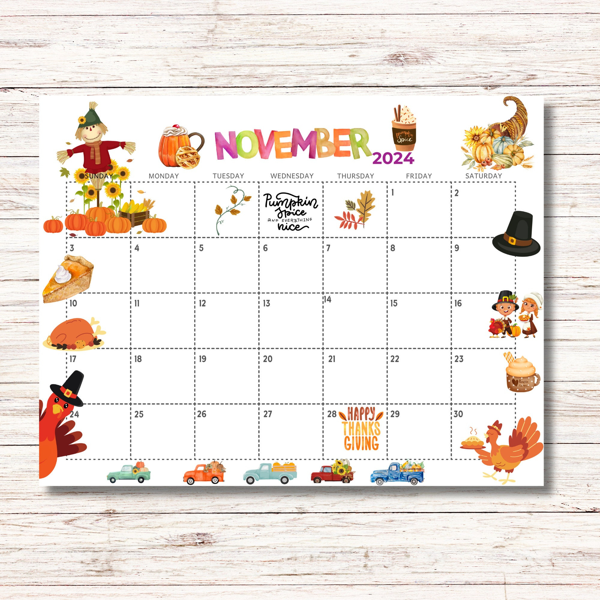 November 2024 Calendar Printable Kids Calendar 2024 Calendar Classroom School November Monthly Planner Kids Calendar Template Thanksgiving | Printable November 2024 Calendar For School