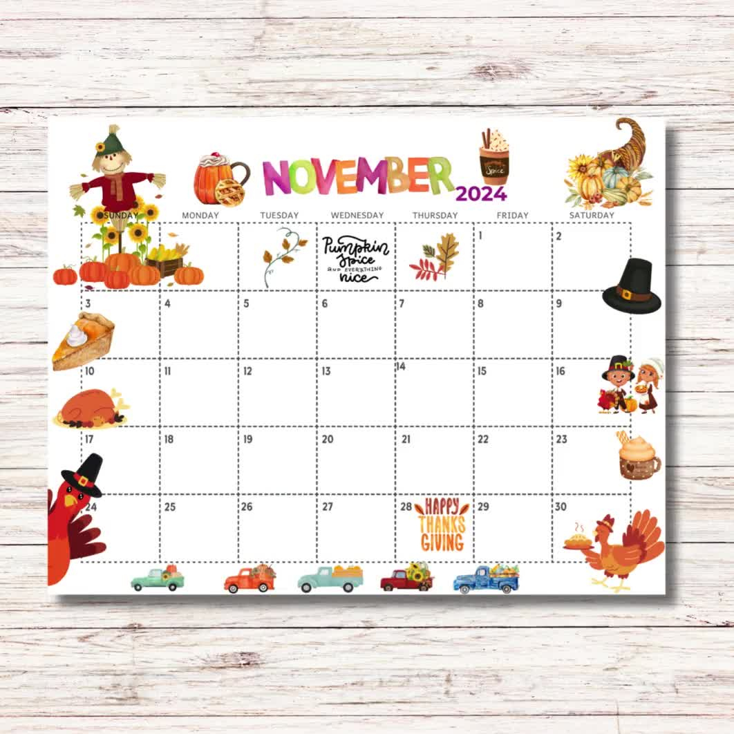 November 2024 Calendar Printable Kids Calendar 2024 Calendar Classroom School November Monthly Planner Kids Calendar Template Thanksgiving | Small Calendar 2024 Printable November