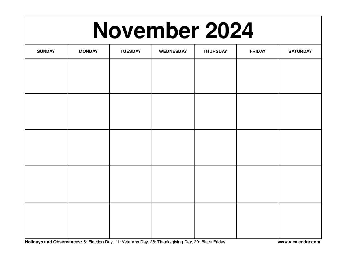 November 2024 Calendar Printable Templates With Holidays | Printable Weekly Calendar Begining November 2024