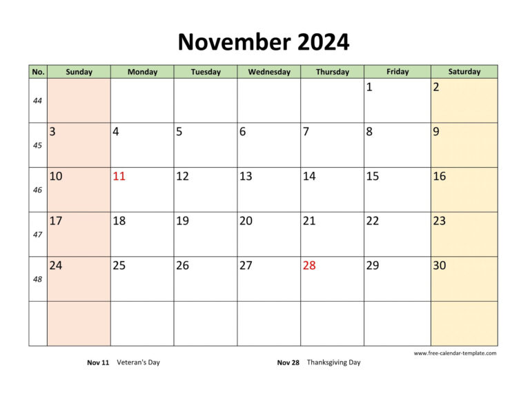 November 2024 Calendar Printable With Coloring On Weekend | Printable November 2024 Calendar Horizontal