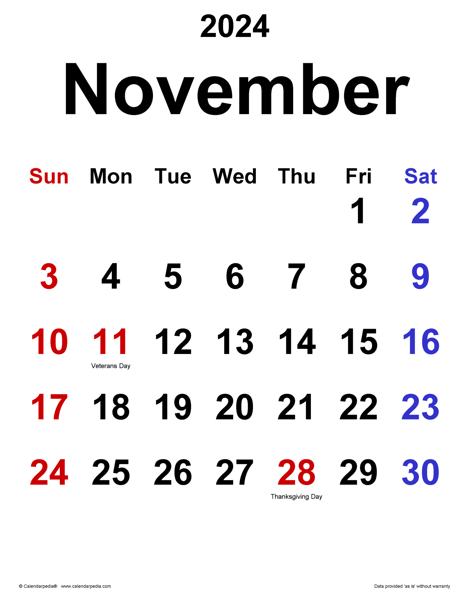 November 2024 Calendar | Templates For Word, Excel And Pdf | November 2024 24 Calendar Printable