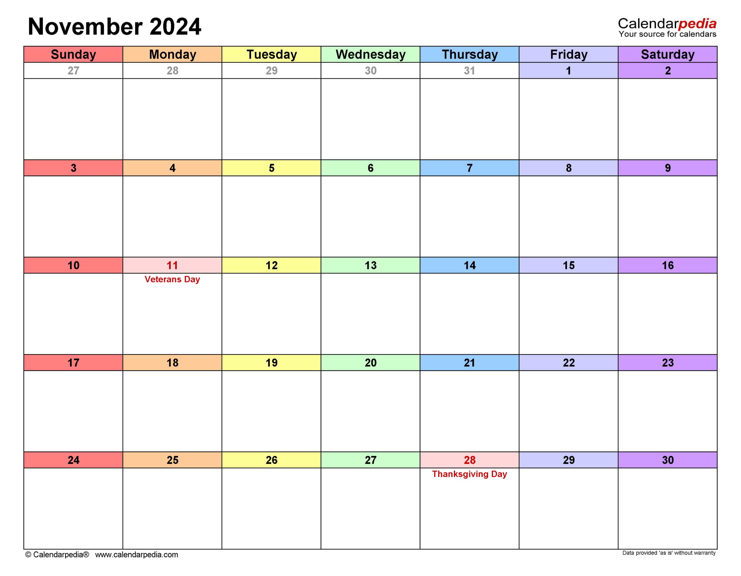 November 2024 Calendar | Templates For Word, Excel And Pdf | Printable Office Weekly Calendar November 2024