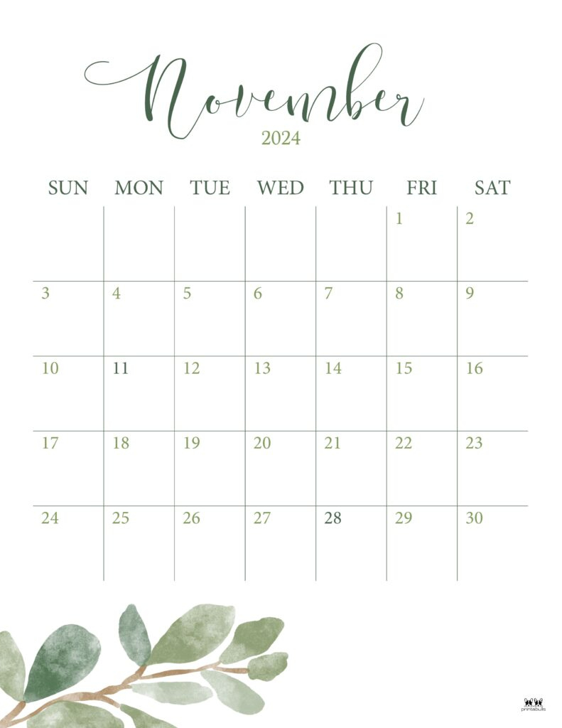 November 2024 Calendars - 50 Free Printables | Printabulls | Asthetic November 2024 Printable Calendar