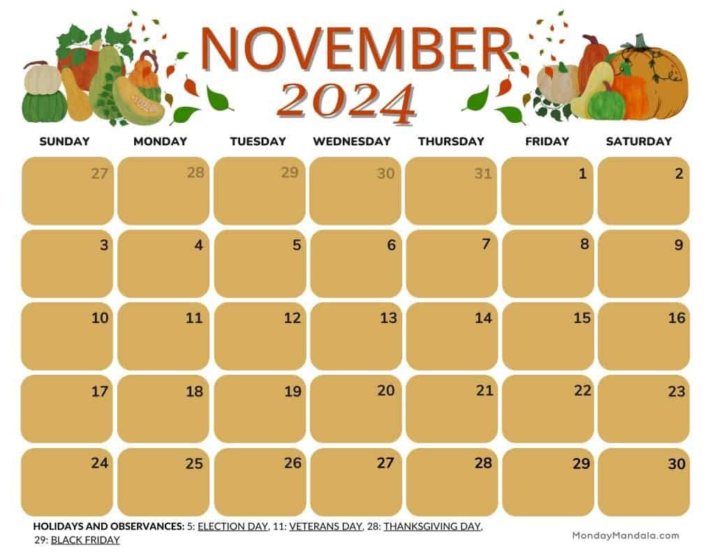 November 2024 Calendars (52 Free Printable Pdfs) | 2024 November Calendar Printable With Holidays