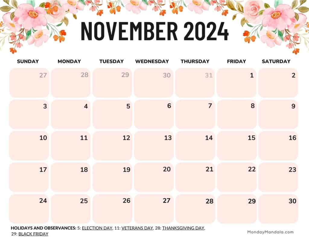 November 2024 Calendars (52 Free Printable Pdfs) | 2024 November Landscape Printable Calendar