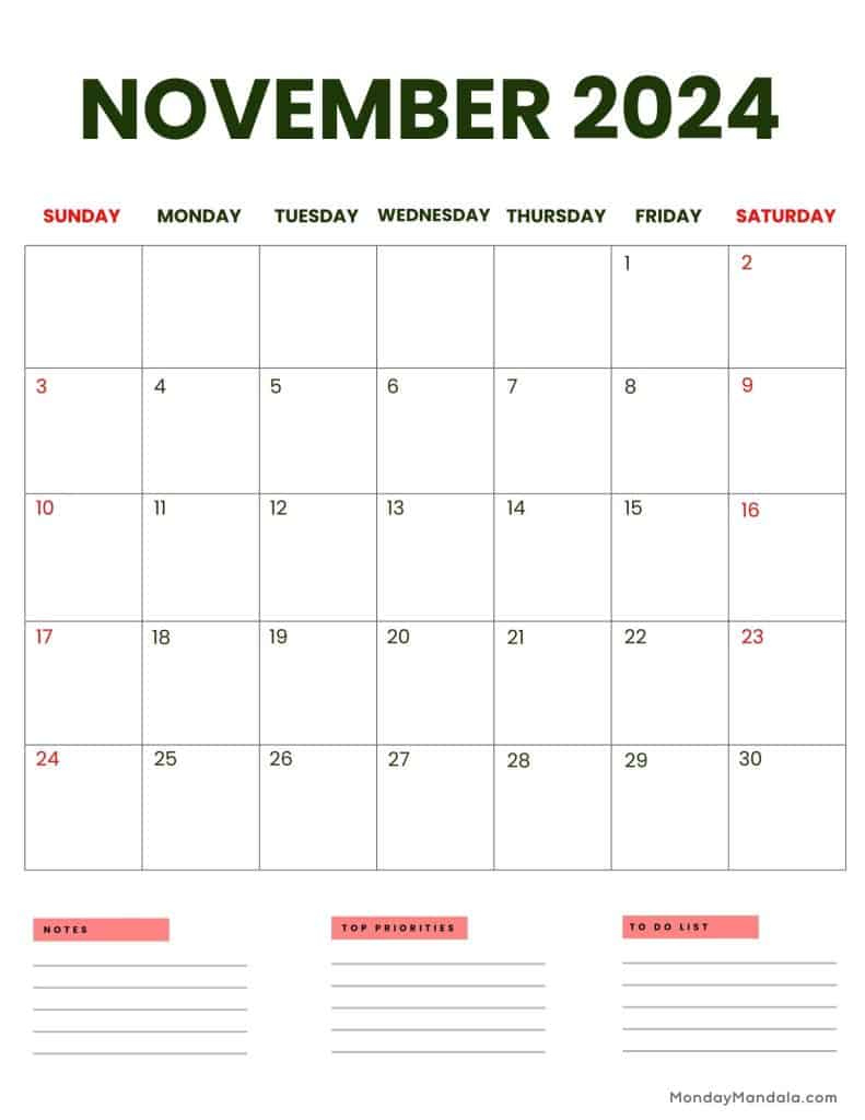 November 2024 Calendars (52 Free Printable Pdfs) | A4 Calendar November 2024 Printable