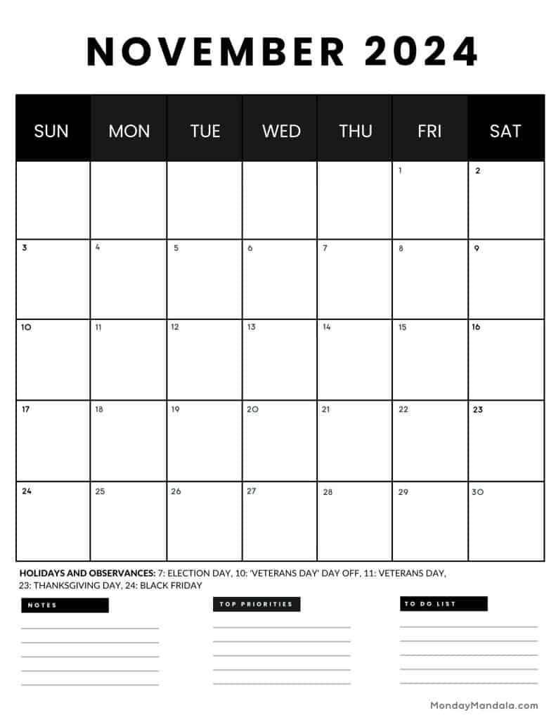 November 2024 Calendars (52 Free Printable Pdfs) | Black November 2024 Calendar Printable