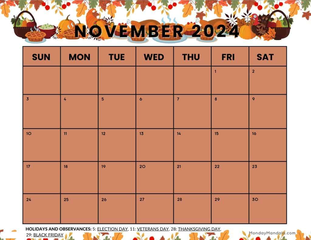 November 2024 Calendars (52 Free Printable Pdfs) | November 2024 Calendar Thanksgiving Printable