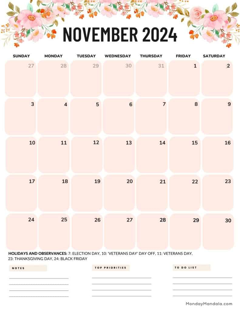 November 2024 Calendars (52 Free Printable Pdfs) | Printable November 2024 Calendar Portrait