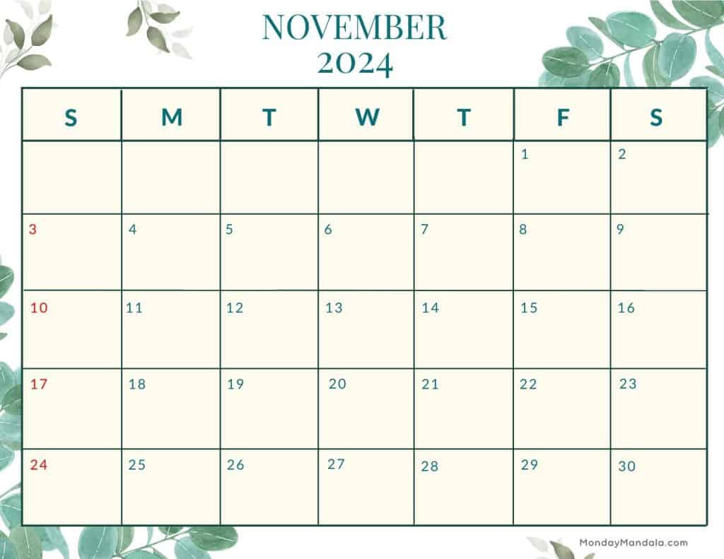 November 2024 Calendars (52 Free Printable Pdfs) | Printable November Calendars 2024 With Leaves