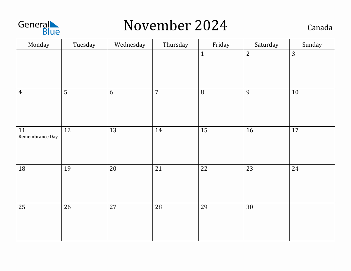 November 2024 - Canada Monthly Calendar With Holidays | Printable November 2024 Calendar Canada