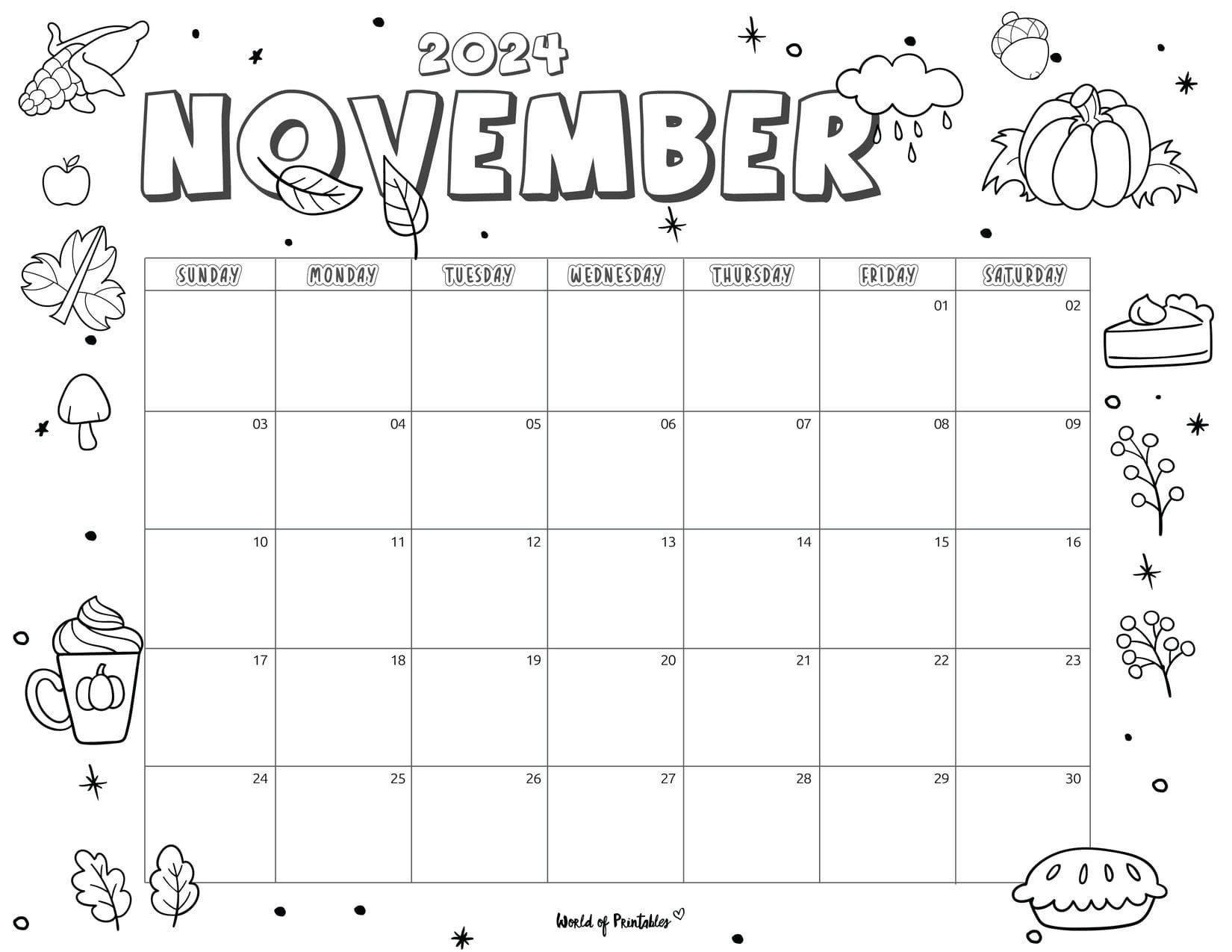 November 2024 Coloring Calendar | 2024 Printable Coloring Calendars November