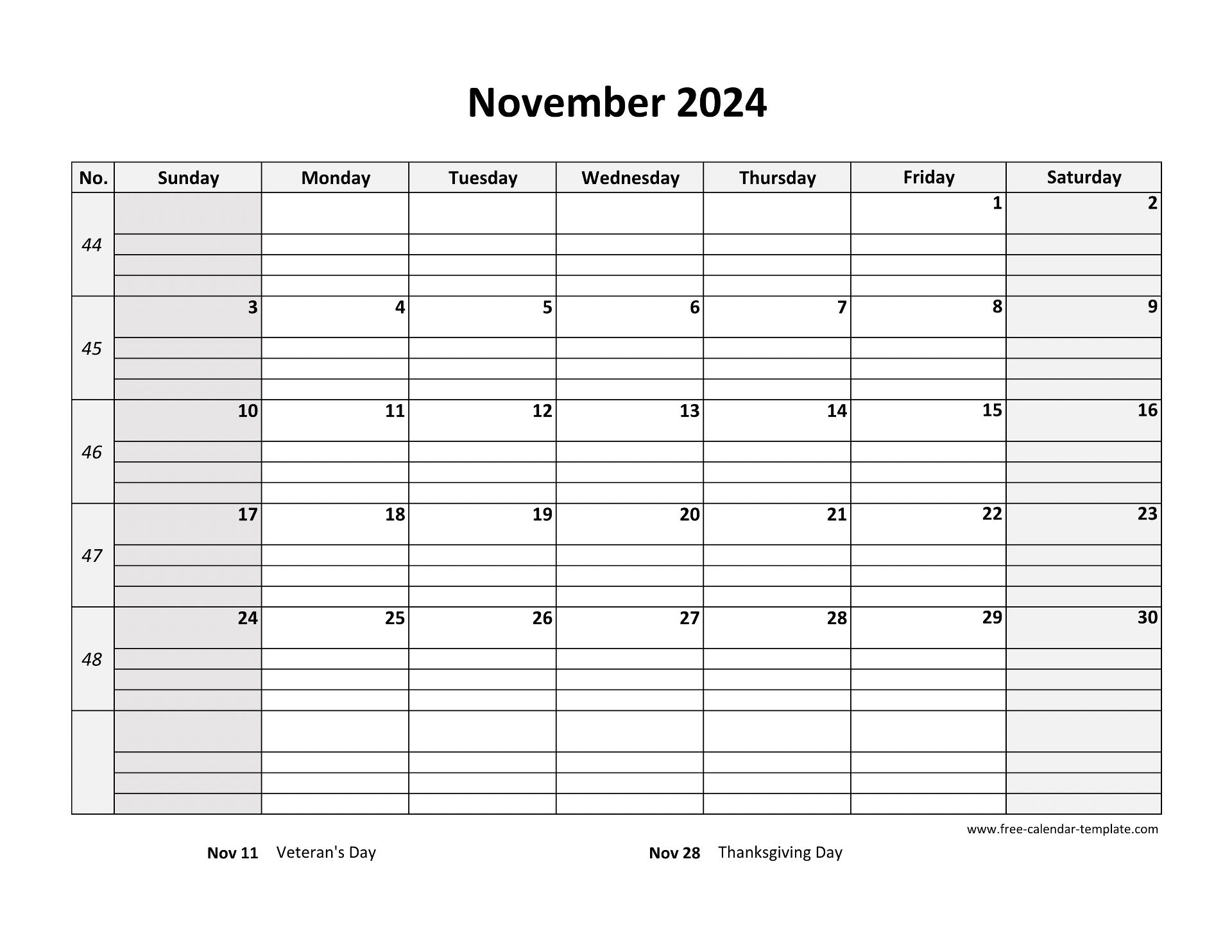 November 2024 Free Calendar Tempplate | Free-Calendar-Template | Printable November 2024 Calendar With Lines