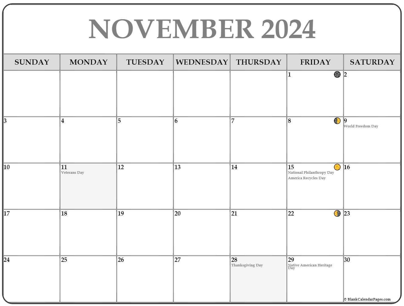 November 2024 Lunar Calendar | Moon Phase Calendar | Printable Moon Calendar November 2024