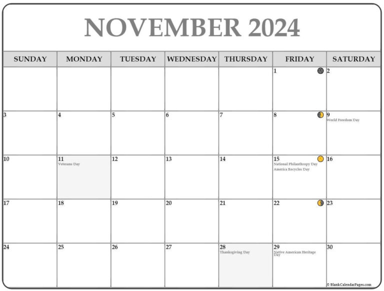 November 2024 Lunar Calendar | Moon Phase Calendar | Printable November 2024 Calendar With Moon Phases