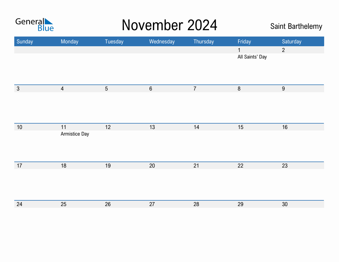 November 2024 Monthly Calendar With Saint Barthelemy Holidays | Printable Saints Calendar November 2024