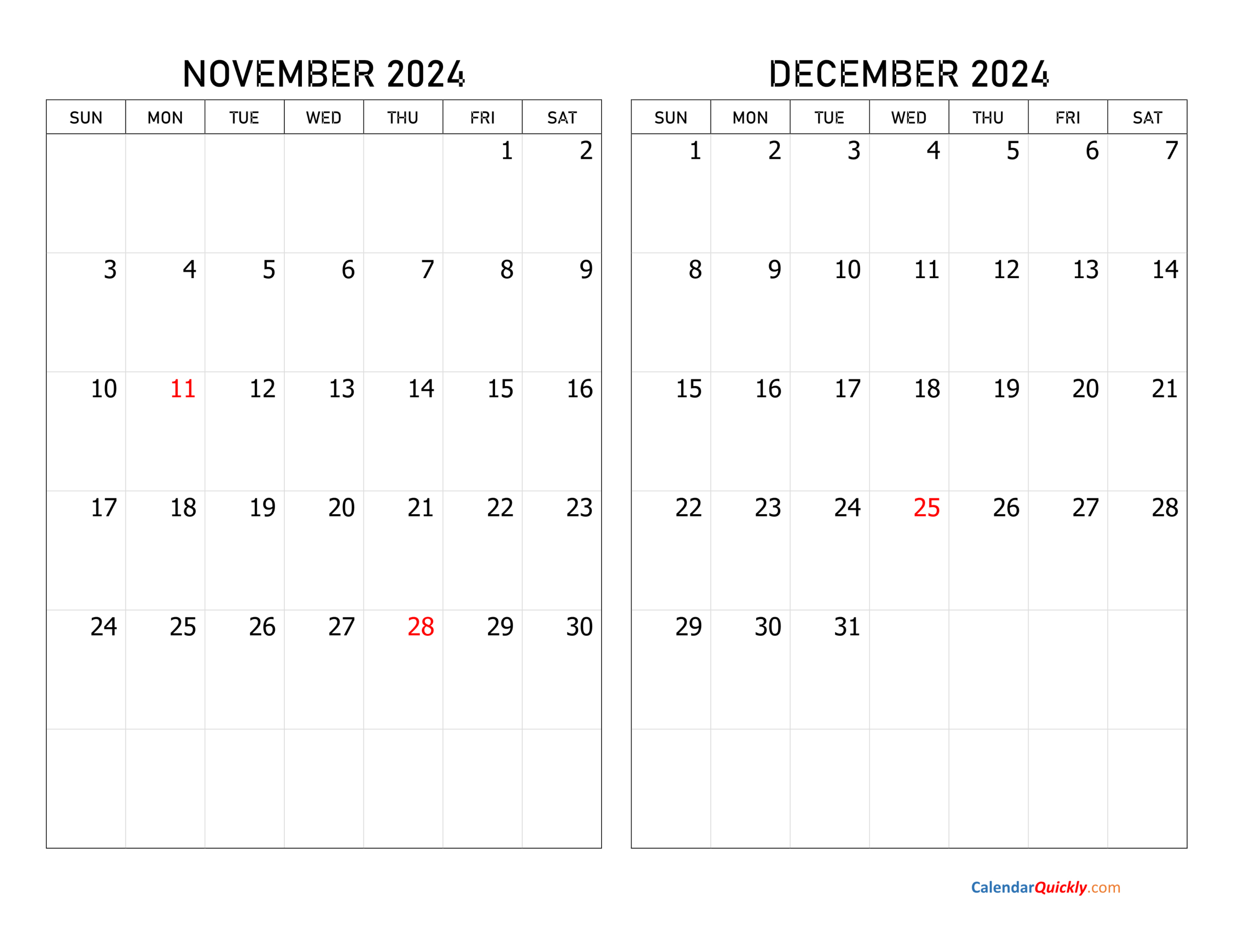 November And December 2024 Calendar | Calendar Quickly | Calendar For November and December 2024 Printable