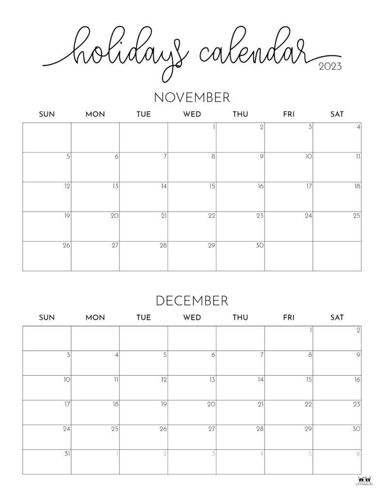 November December 2023 Calendars - 12 Printables | Printabulls | Two Month November December 2024 Calendar Printable