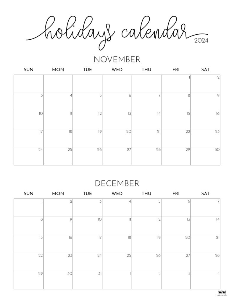 November December 2024 Calendars - 28 Printables | Printabulls | Printable November December 2024