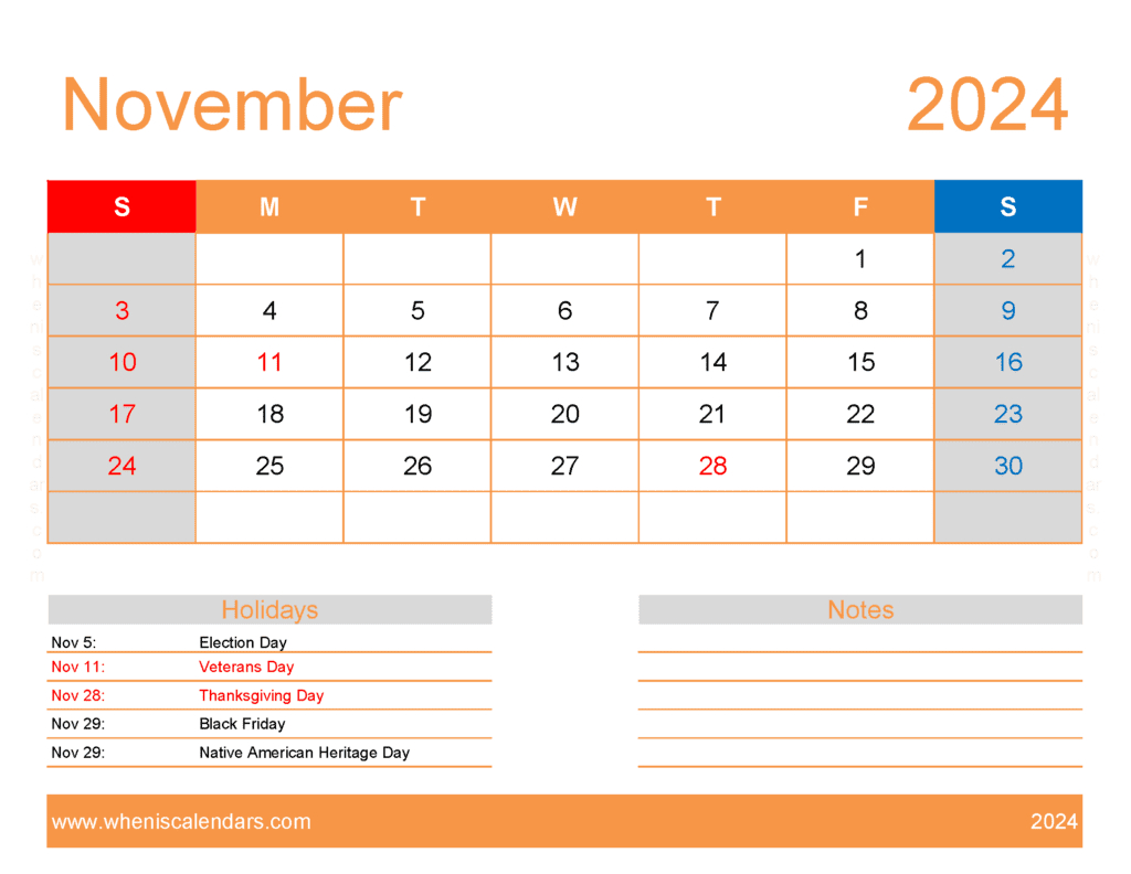 November Excel Calendar 2024 Monthly Calendar | Printable November 2024 Calendar Waterproof