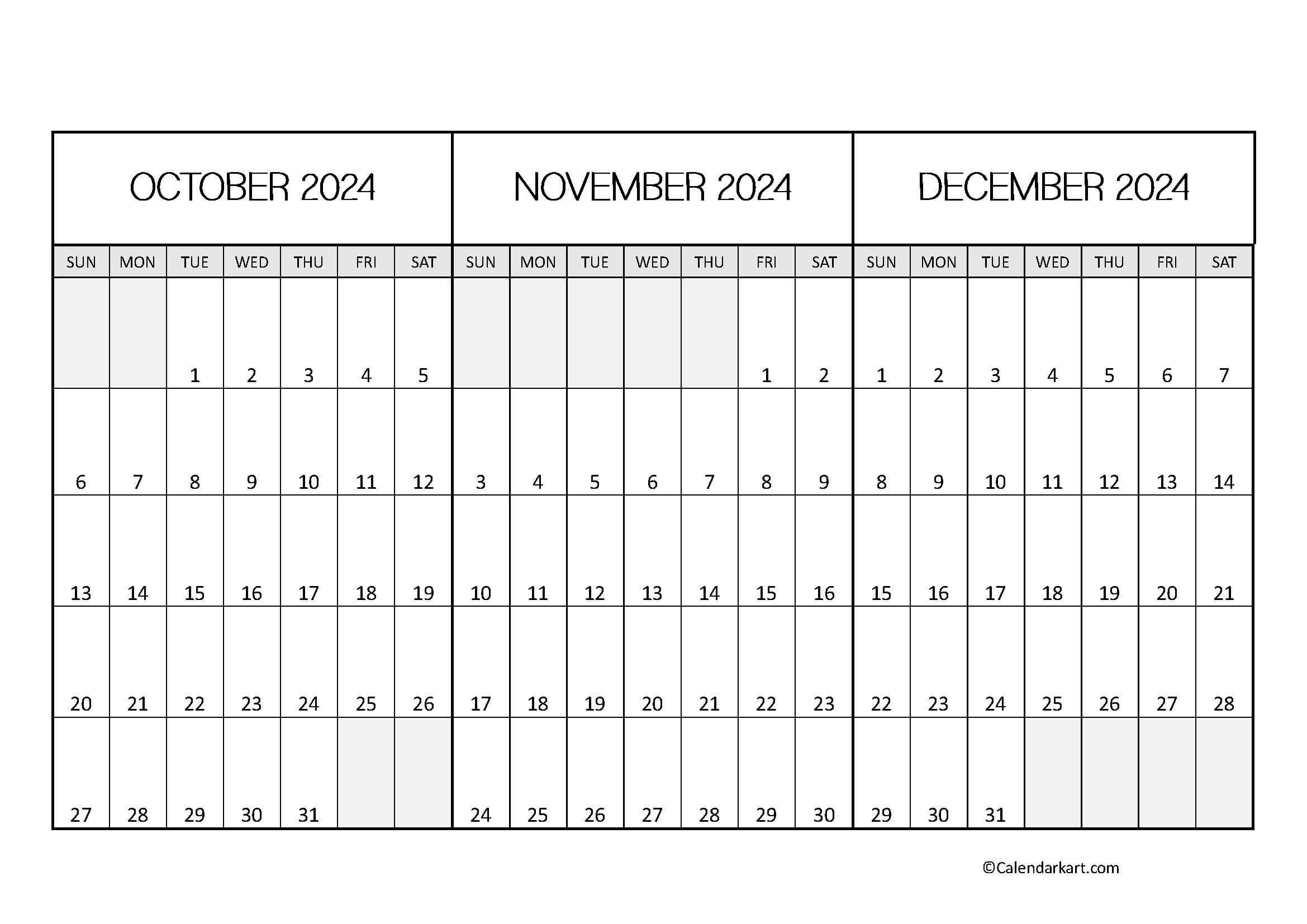 October To December 2024 Calendar (Q4) - Calendarkart | Calendar 2024 Printable October November December