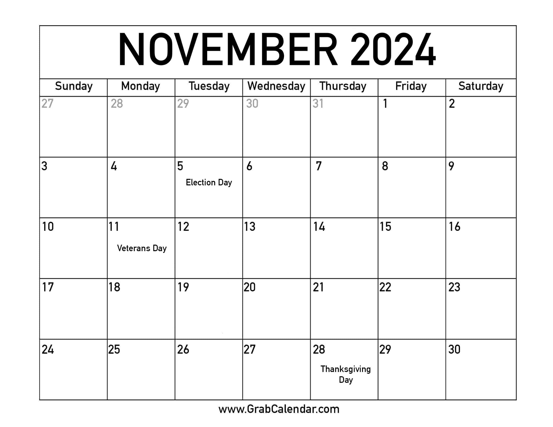 Printable November 2024 Calendar | 2024 November Calendar Printable With Holidays