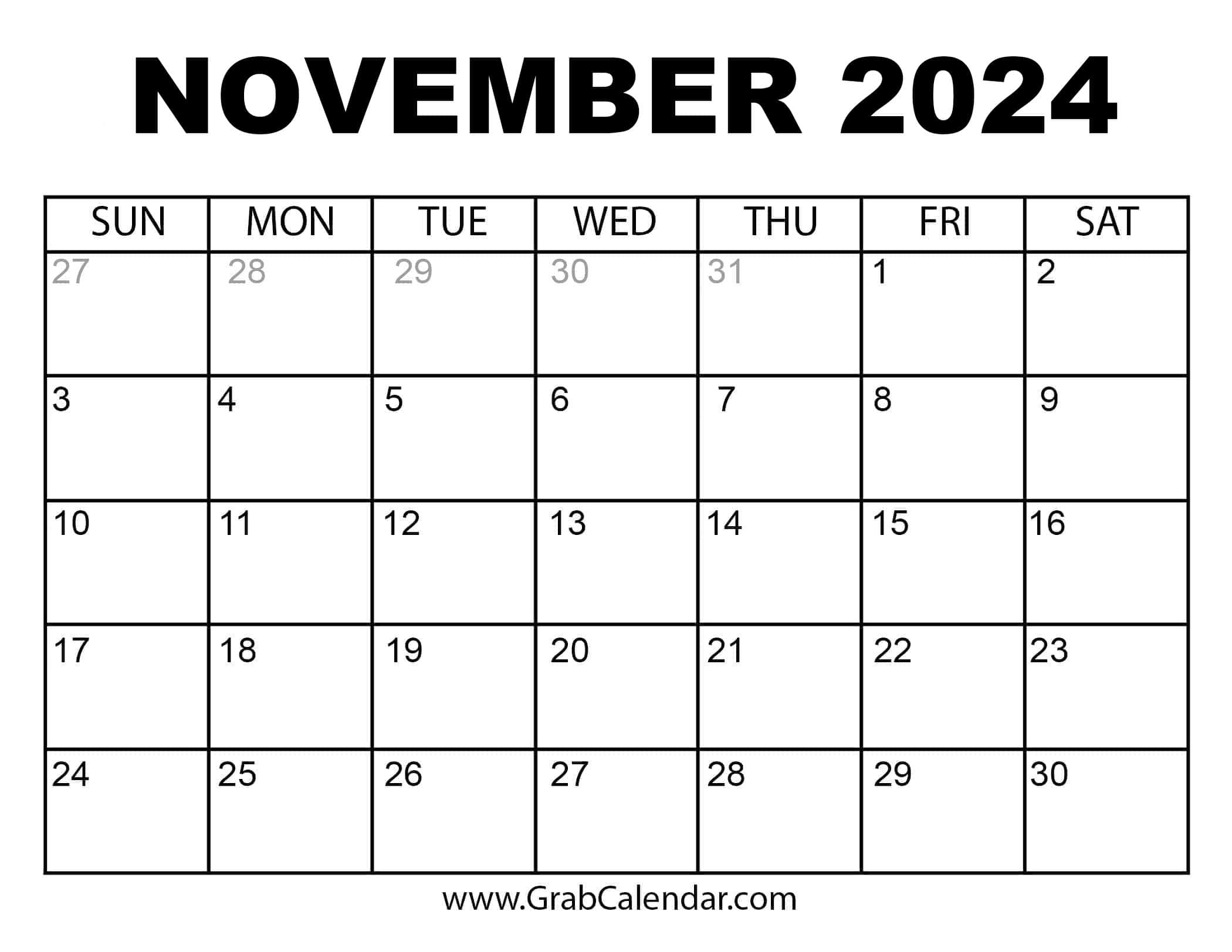 Printable November 2024 Calendar | A3 Printable Calendar November 2024