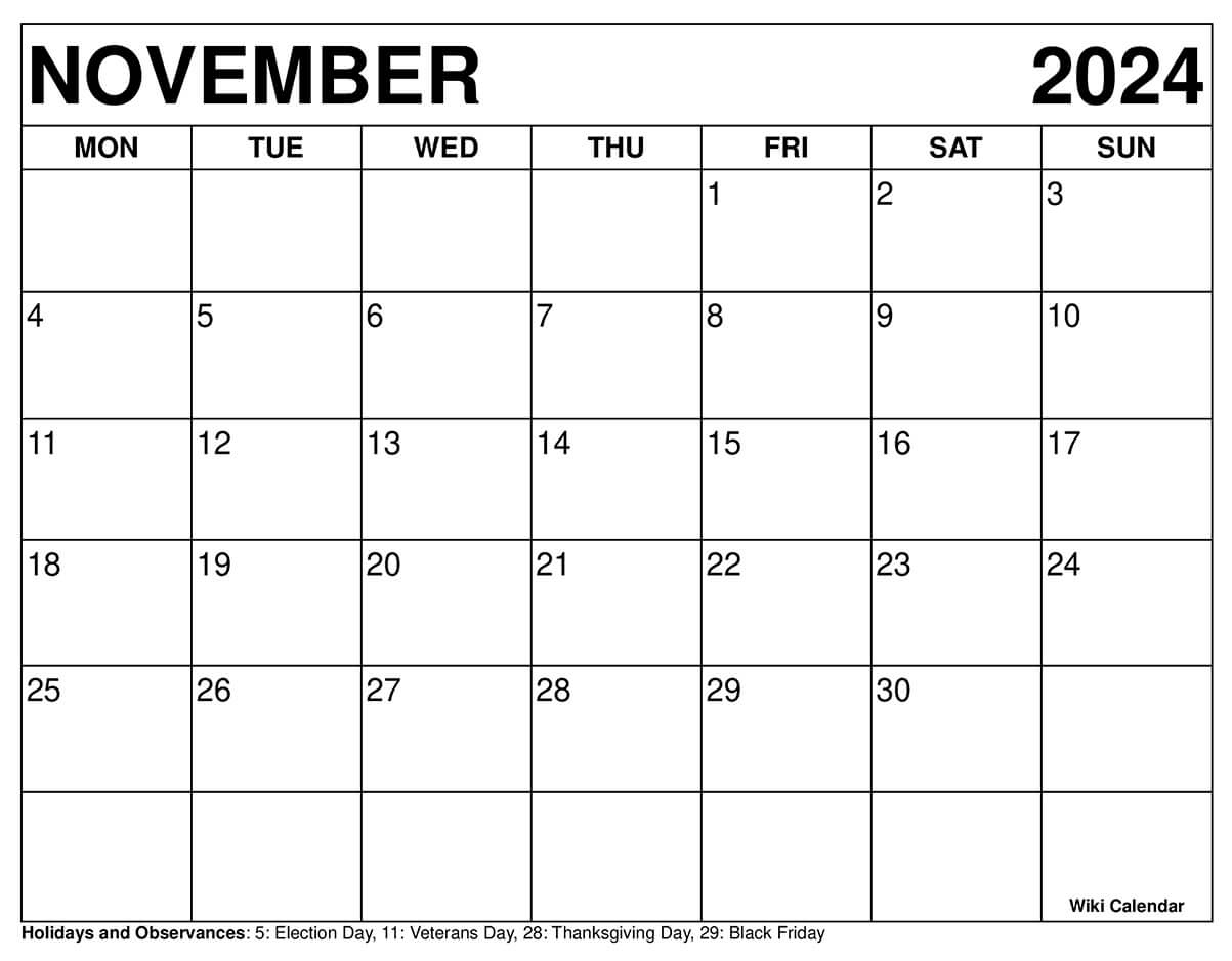 Printable November 2024 Calendar Templates With Holidays - Wiki | Printable November 2024 Calendar Decorative