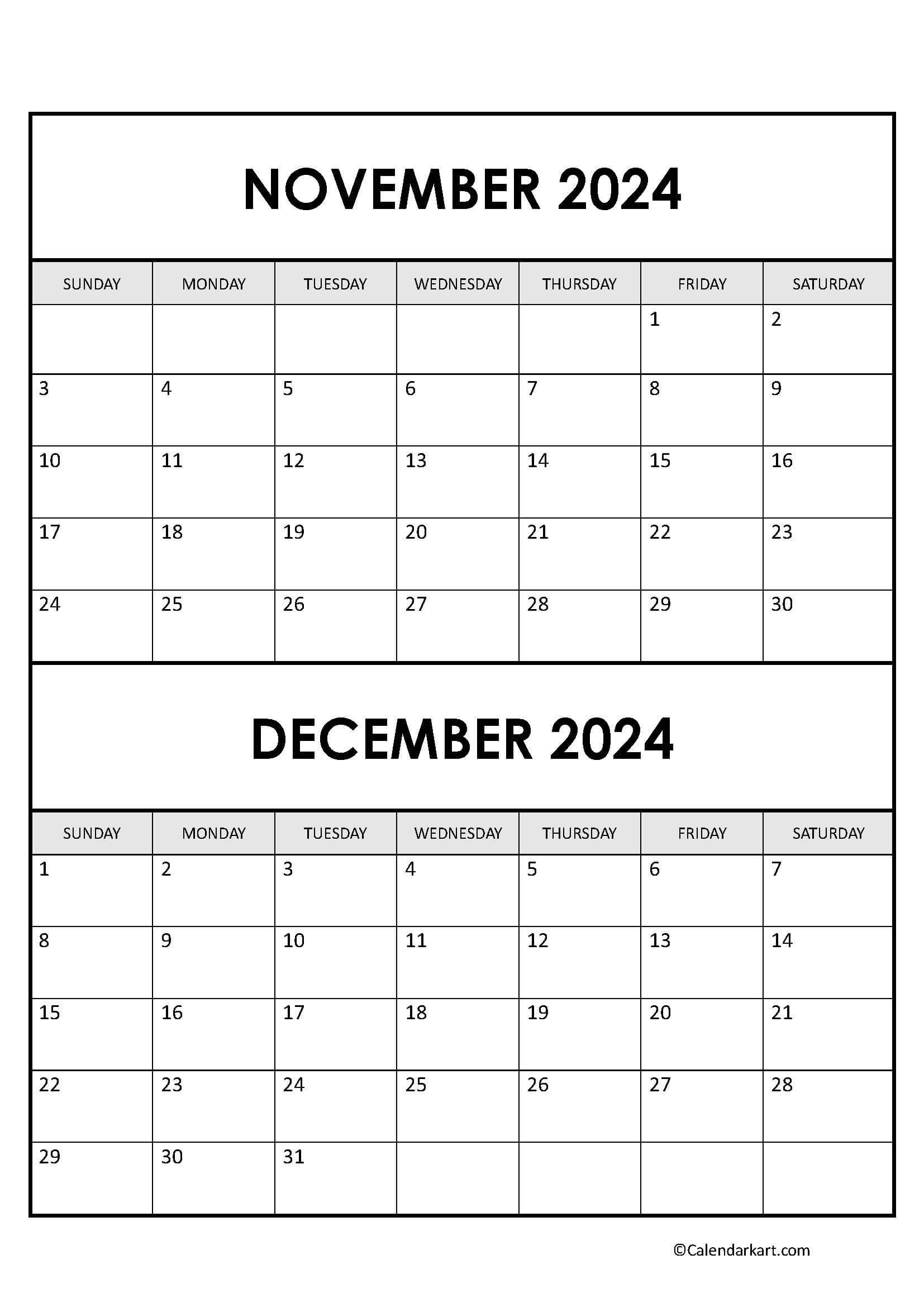 Printable November December 2024 Calendars | Calendarkart | 2024 Calendar Printable November December Jan 1st