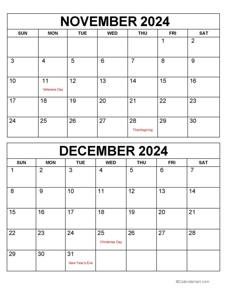 Printable November December 2024 Calendars | Calendarkart | 2024 November December Calendar Printable