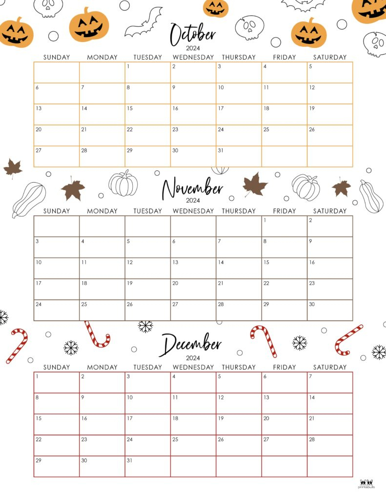 Three Month/Quarterly Calendars - 36 Free Calendars | Printabulls | 3 Month Printable Calendar October November December 2024