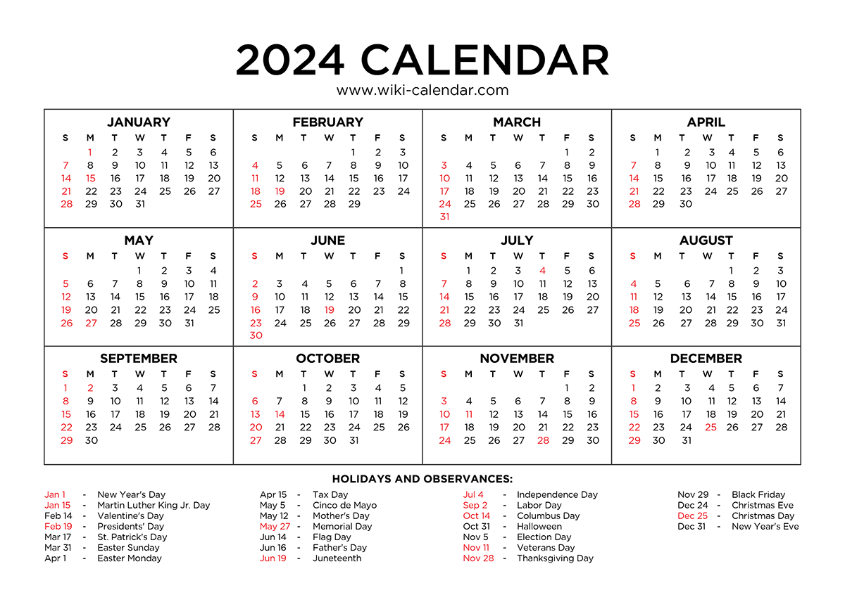 Year 2024 Calendar Printable With Holidays - Wiki Calendar | 2024 Printable Calendar With Holidays November and December