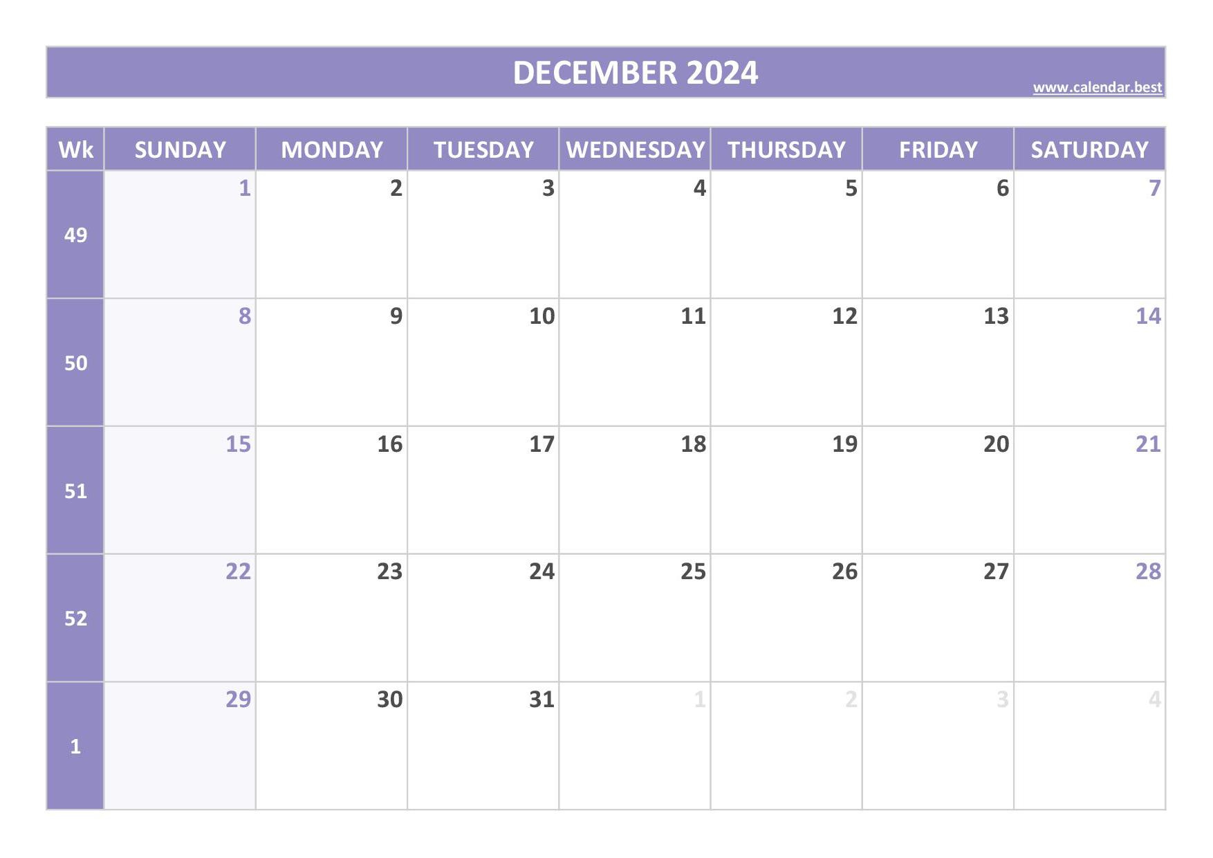 2024 Calendar With Week Numbers (Us And Iso Week Numbers) | 2024 December Calendar with Week Numbers Printable