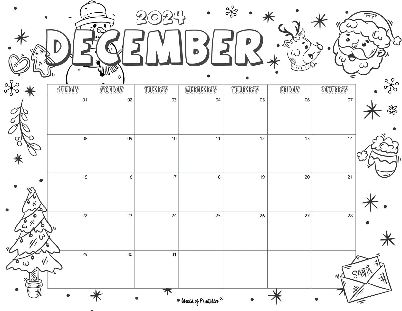 2024 Coloring Calendar - Free Printables - World Of Printables | December 2024 Printable Calendar Color