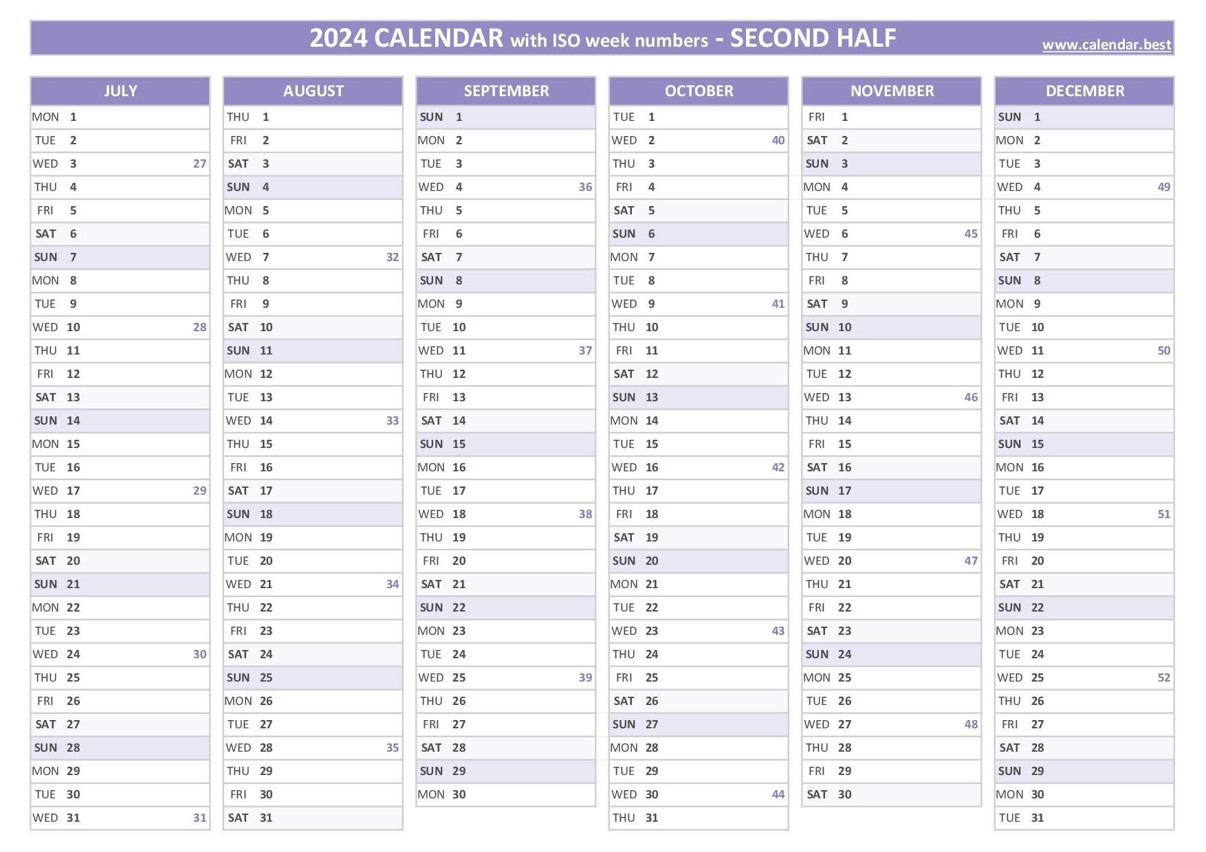 2024 Half Year Calendar To Print | 2024 Calendar Printable July To December