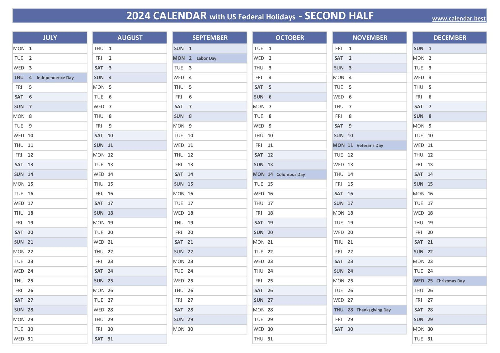 2024 Half Year Calendar To Print | August Through December 2024 Calendar Printable