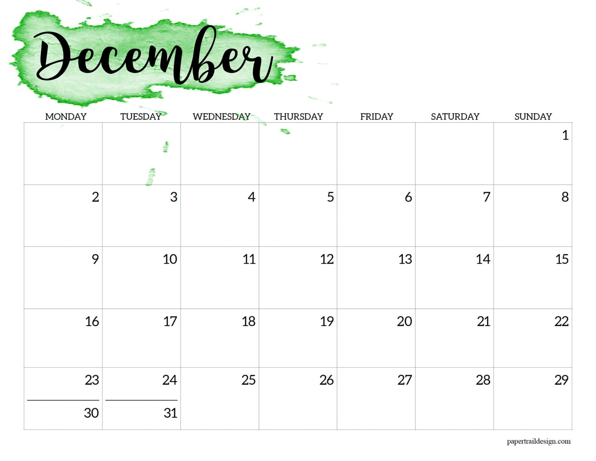 2024 Monday Start Calendar Printable - Watercolor - Paper Trail Design | December 2024 Calendar Start On Monday Printable